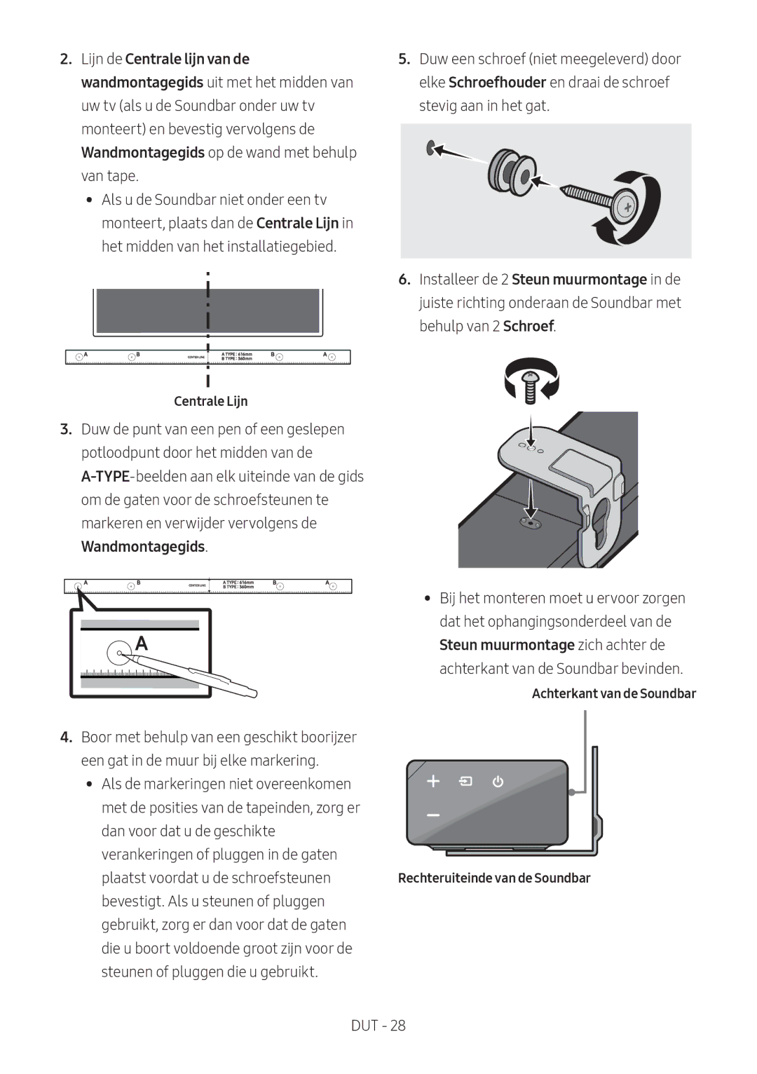 Samsung HW-N650/ZF, HW-N650/ZG, HW-N650/EN manual Centrale Lijn, Achterkant van de Soundbar Rechteruiteinde van de Soundbar 