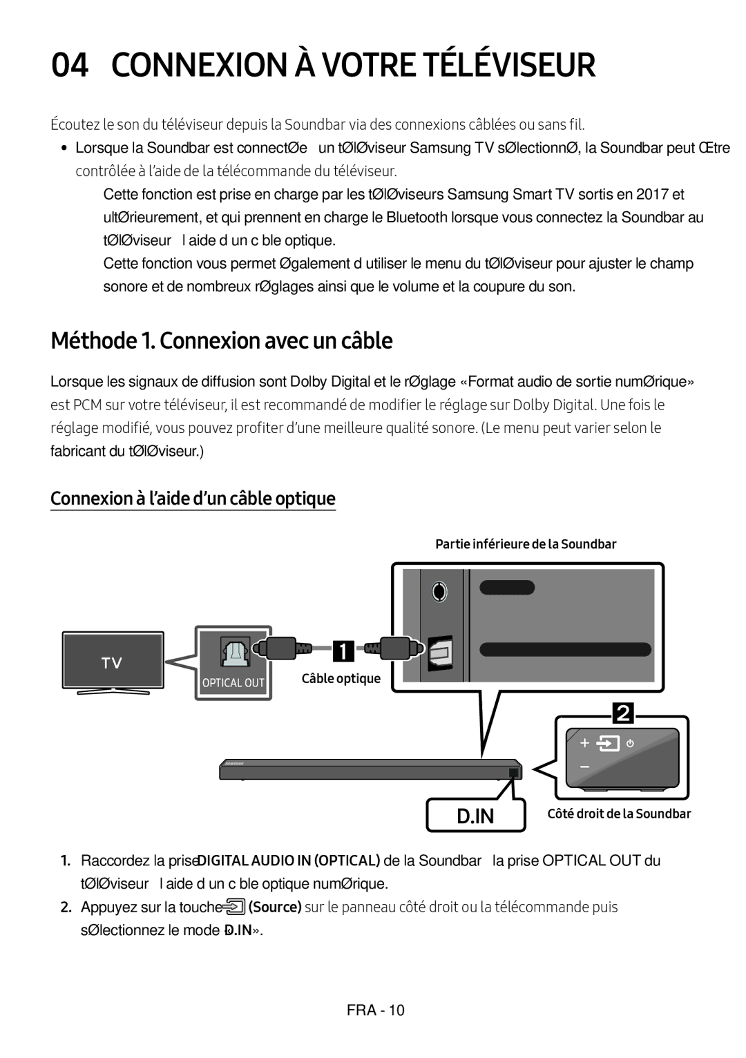 Samsung HW-N650/ZG Connexion À Votre Téléviseur, Méthode 1. Connexion avec un câble, Connexion à l’aide d’un câble optique 