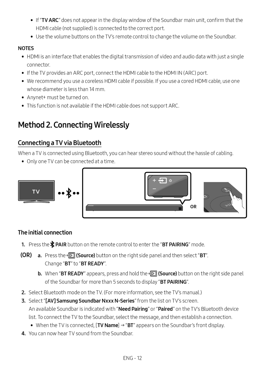 Samsung HW-N650/ZF, HW-N650/ZG manual Method 2. Connecting Wirelessly, Connecting a TV via Bluetooth, Initial connection 