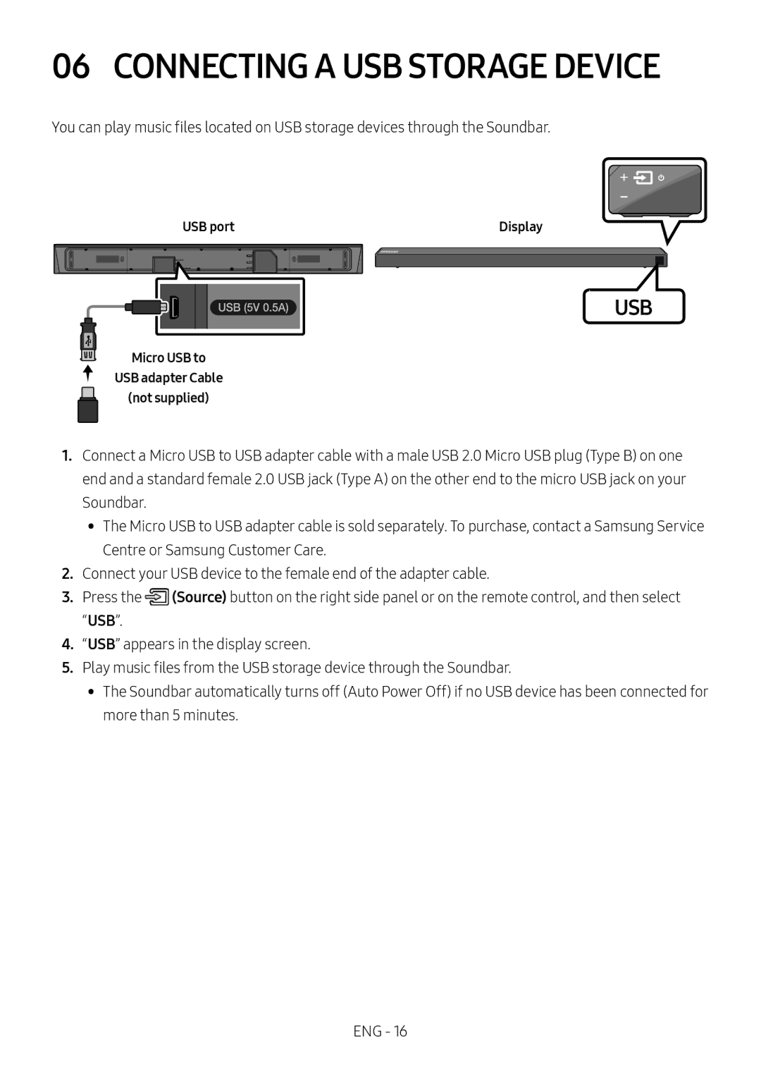 Samsung HW-N650/ZG, HW-N650/ZF manual Connecting a USB Storage Device, USB port, Micro USB to USB adapter Cable Not supplied 