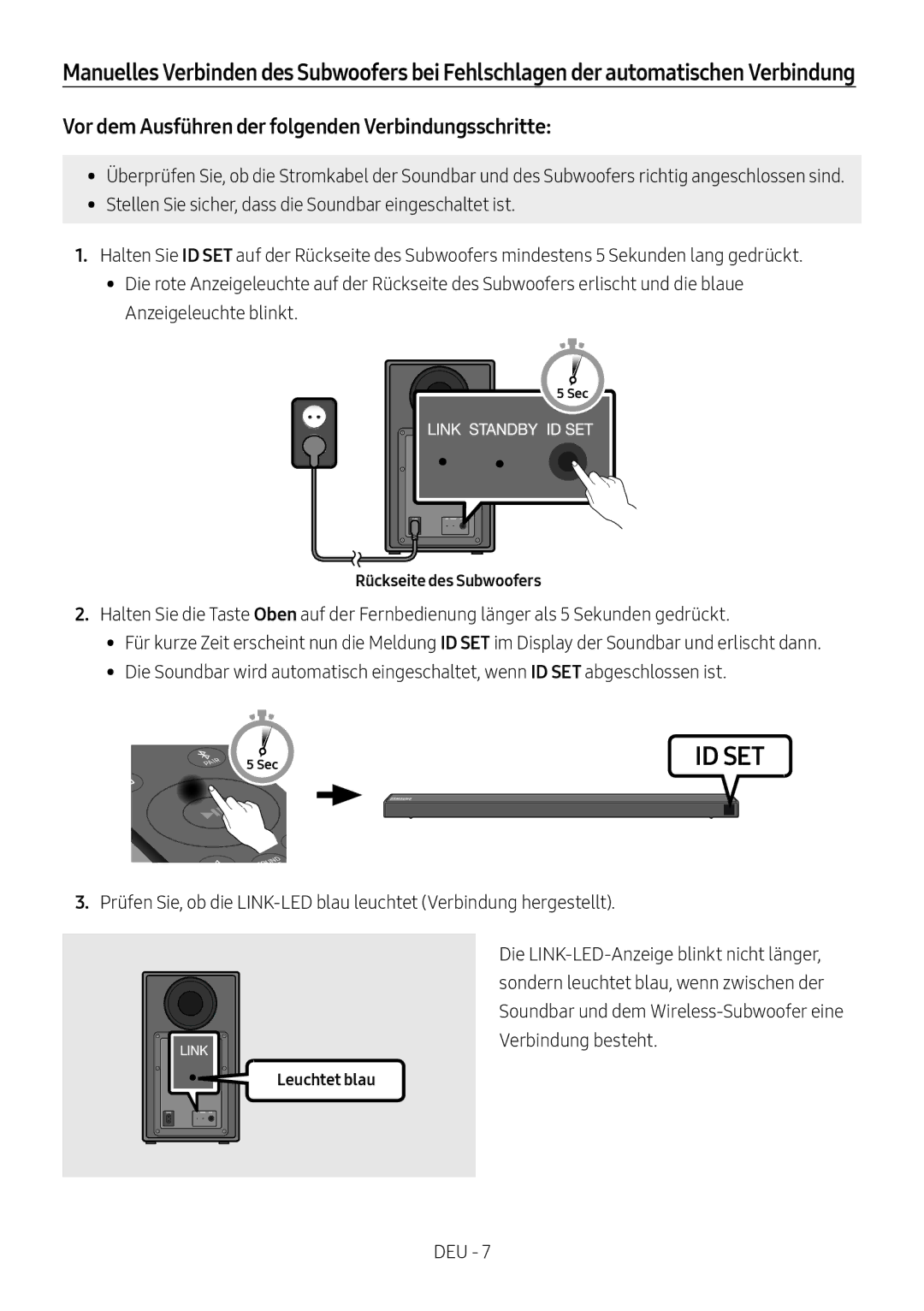 Samsung HW-N650/XN manual Vor dem Ausführen der folgenden Verbindungsschritte, Rückseite des Subwoofers, Leuchtet blau 