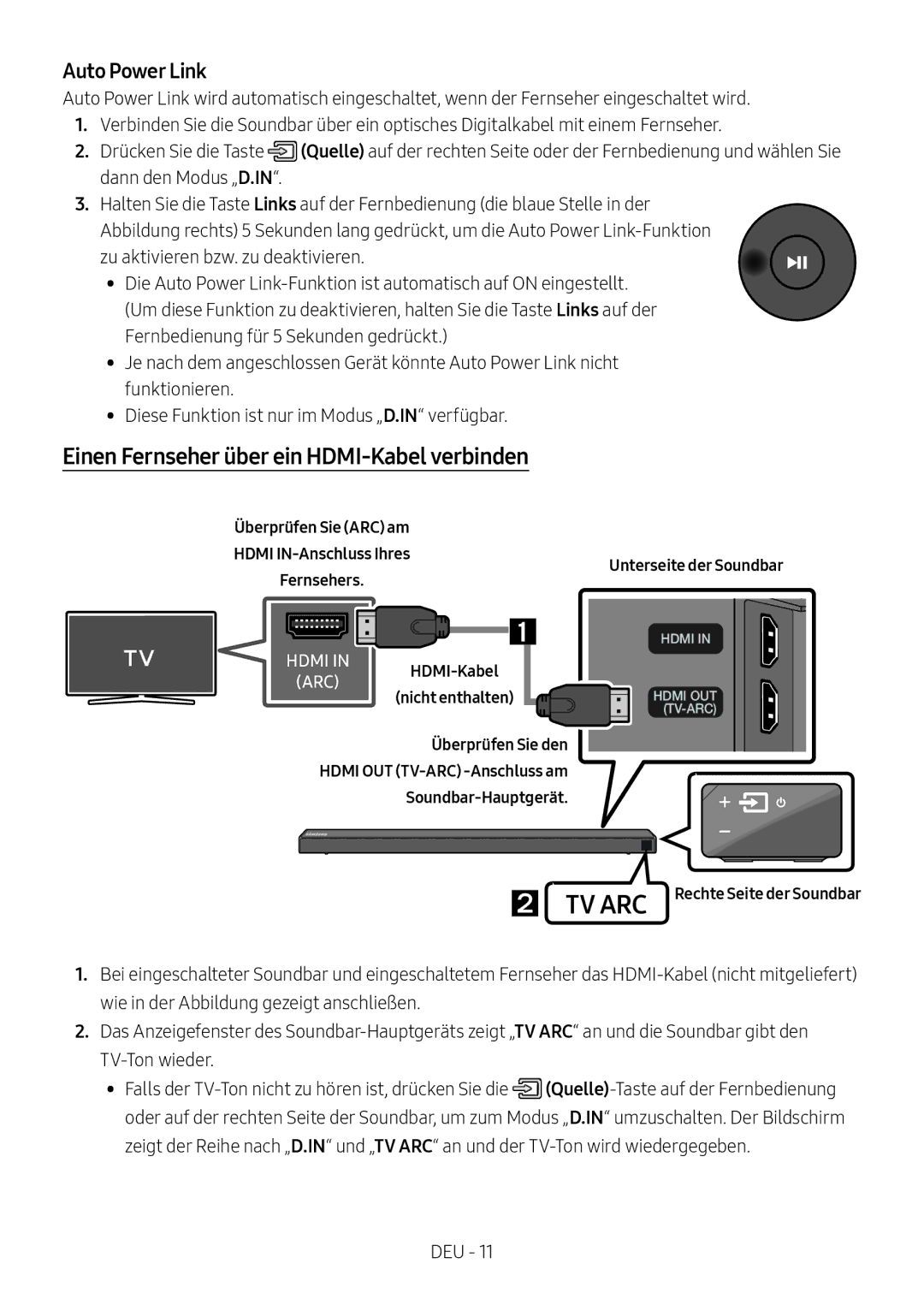 Samsung HW-N650/EN, HW-N650/ZG manual Einen Fernseher über ein HDMI-Kabel verbinden,  TV ARC Rechte Seite der Soundbar 