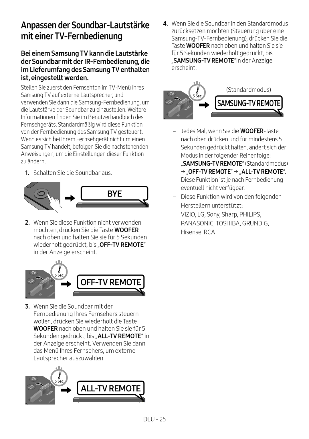 Samsung HW-N650/ZF manual Anpassen der Soundbar-Lautstärke mit einer TV-Fernbedienung, → „OFF-TV Remote → „ALL-TV Remote 