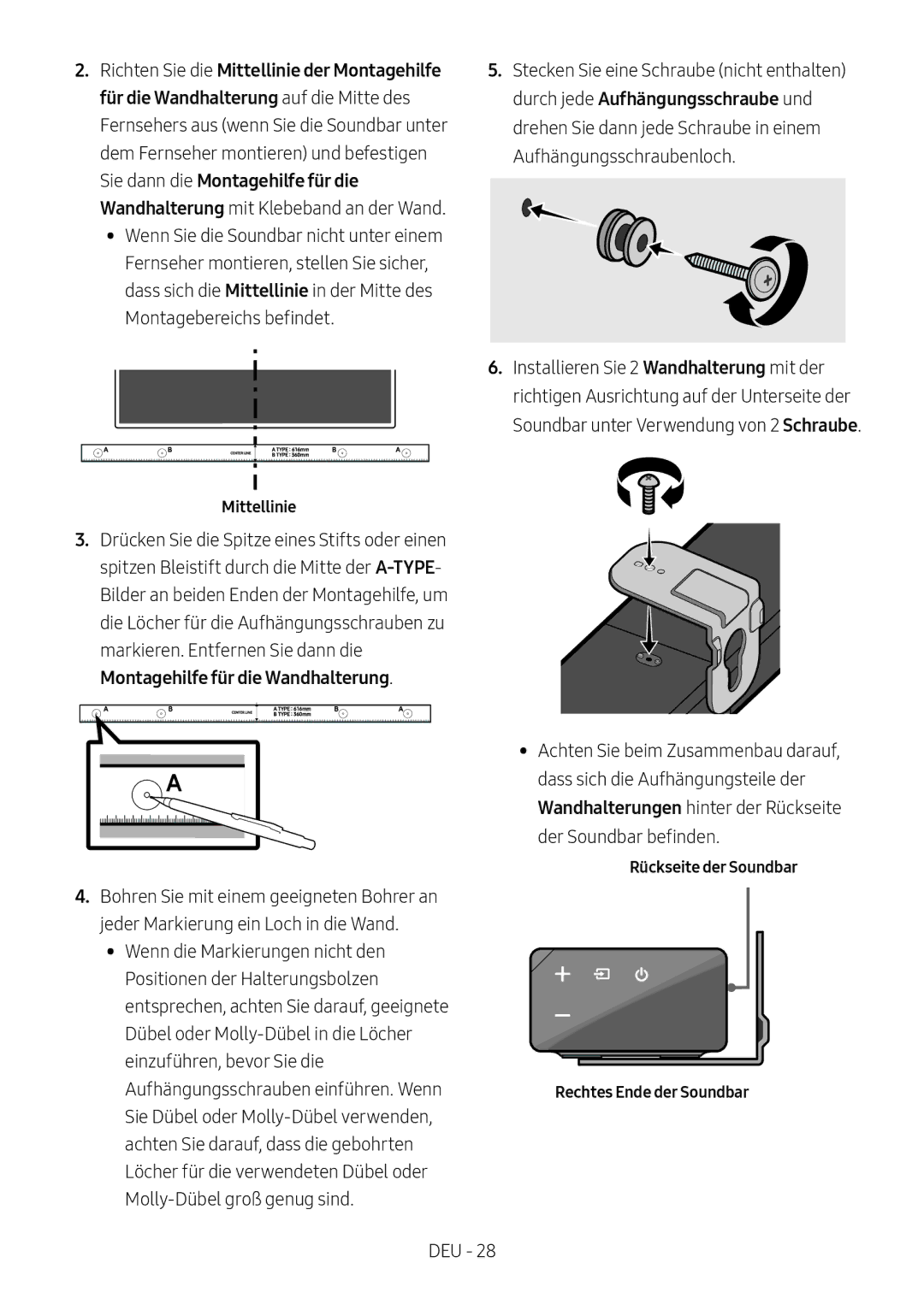 Samsung HW-N660/XE, HW-N650/ZG, HW-N650/ZF manual Montagebereichs befindet, Rückseite der Soundbar Rechtes Ende der Soundbar 