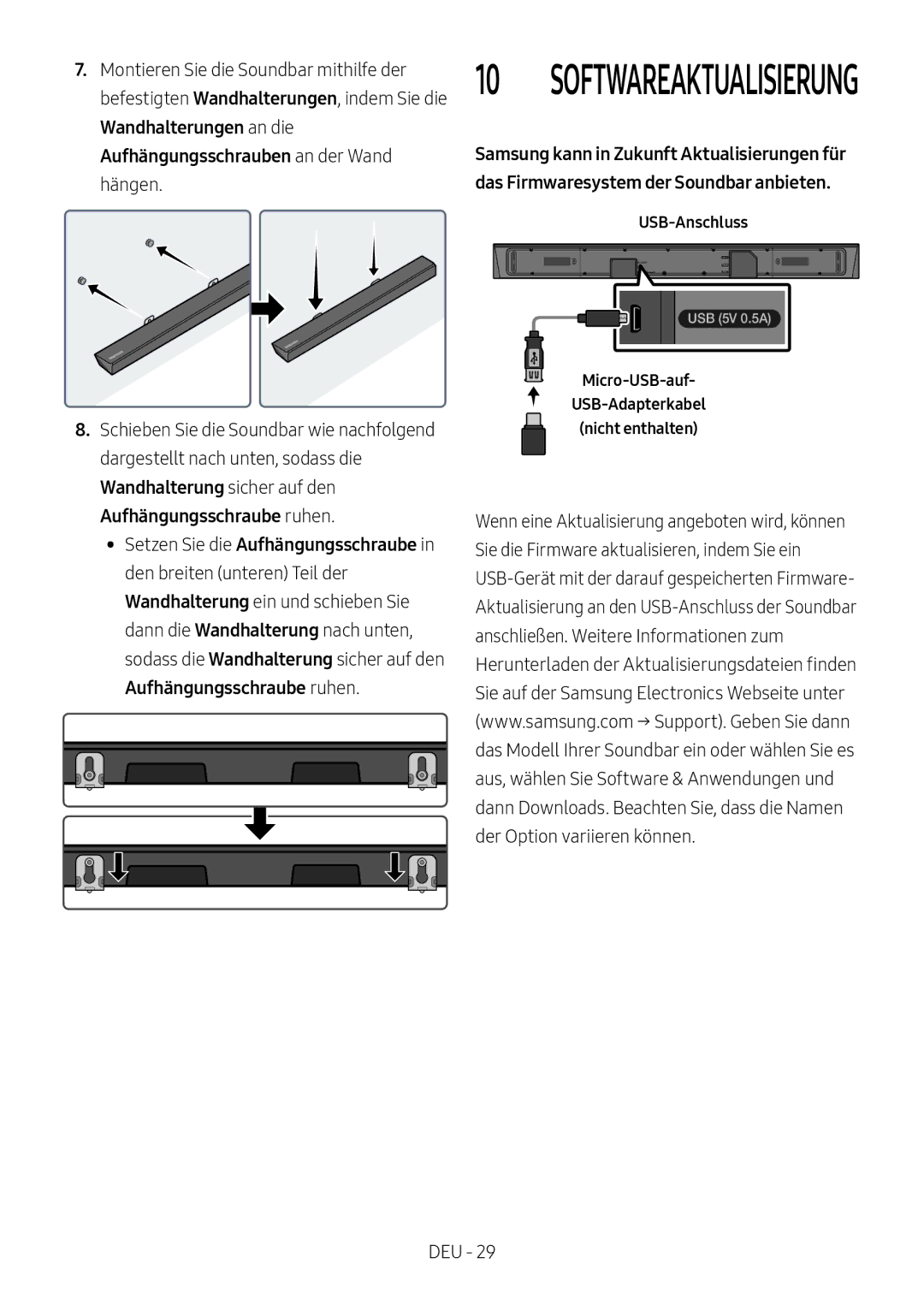 Samsung HW-N650/ZG, HW-N650/ZF, HW-N650/EN manual Softwareaktualisierung, Micro-USB-auf USB-Adapterkabel Nicht enthalten 