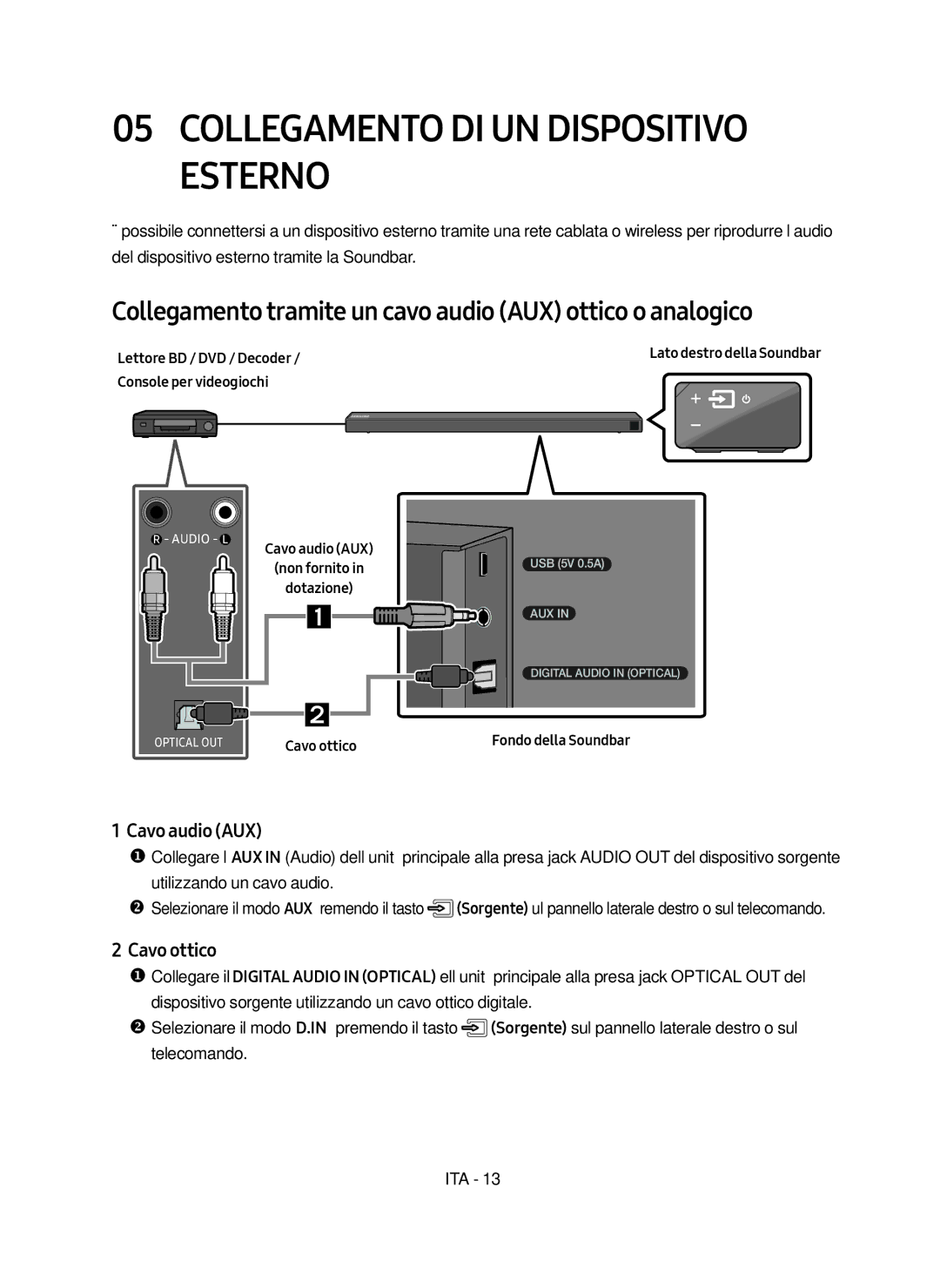 Samsung HW-N650/ZG manual Collegamento DI UN Dispositivo Esterno, Collegamento tramite un cavo audio AUX ottico o analogico 