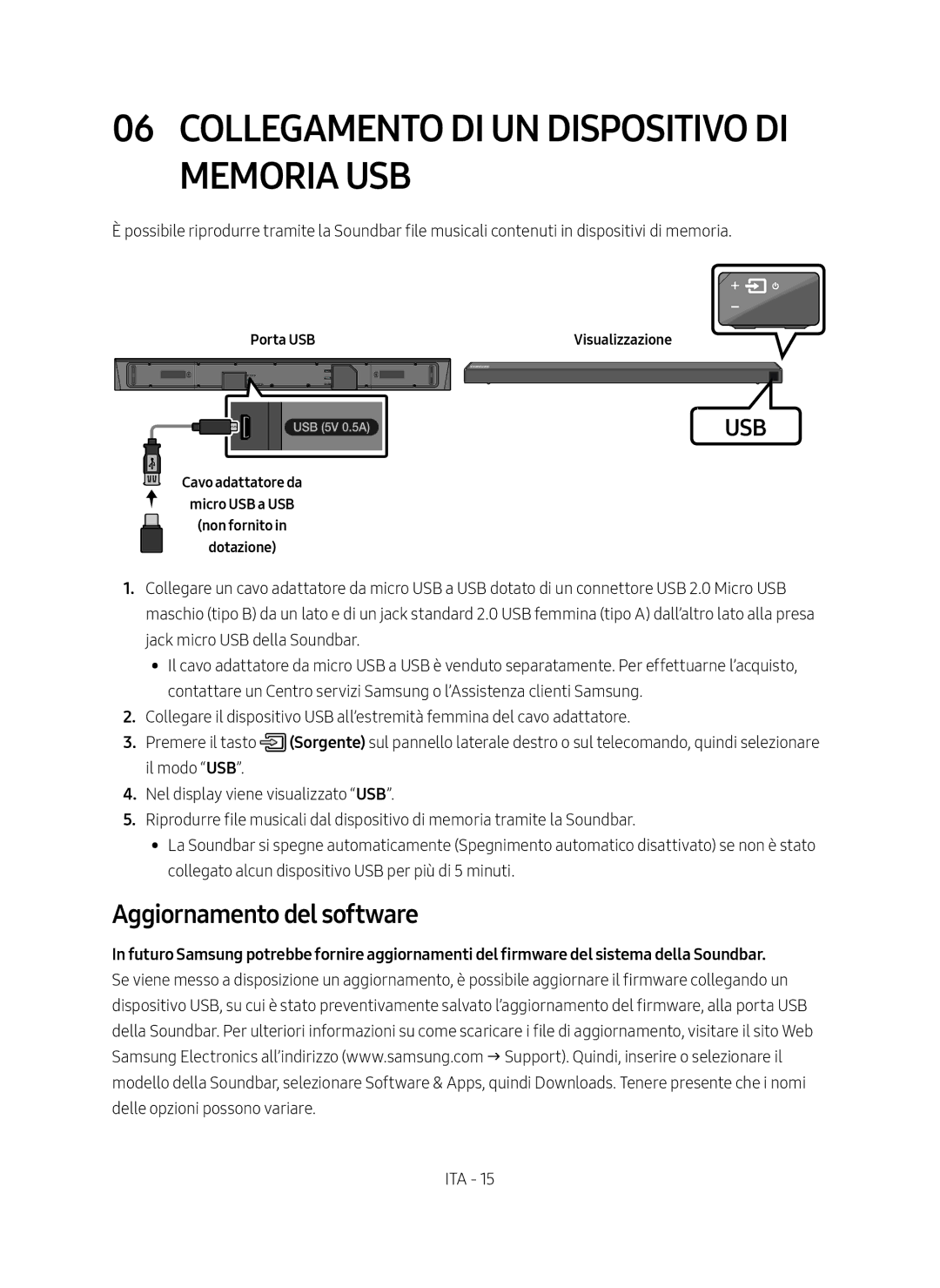 Samsung HW-N650/ZG manual Memoria USB, Aggiornamento del software 