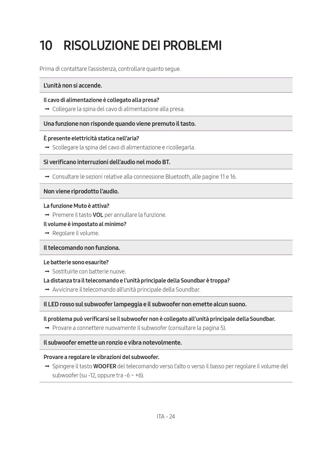 Samsung HW-N650/ZG manual Risoluzione DEI Problemi, ’unità non si accende 