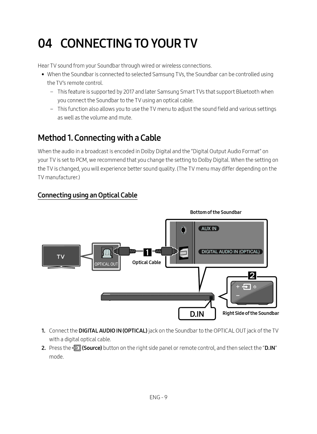 Samsung HW-N650/ZG manual Connecting to Your TV, Method 1. Connecting with a Cable, Connecting using an Optical Cable 