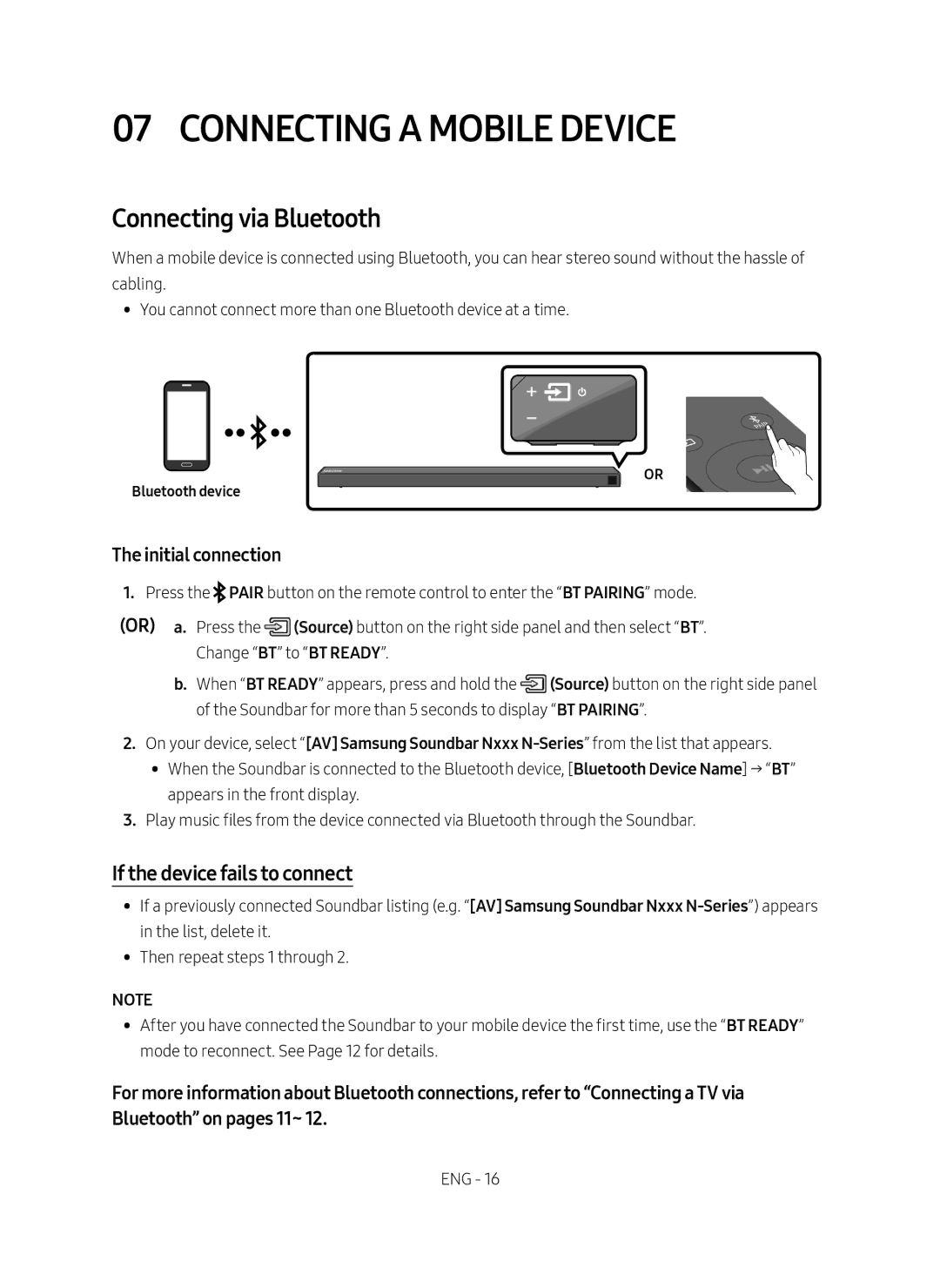 Samsung HW-N650/ZG manual Connecting a Mobile Device, Connecting via Bluetooth, If the device fails to connect 