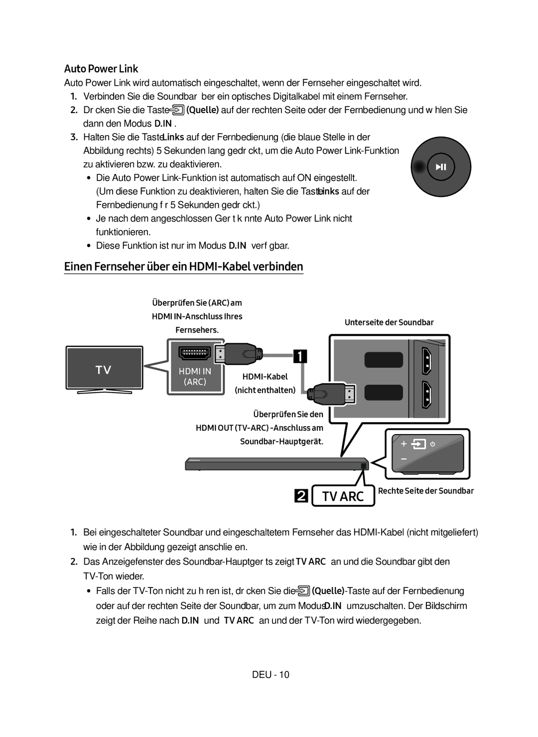 Samsung HW-N650/ZG manual Auto Power Link, Einen Fernseher über ein HDMI-Kabel verbinden 