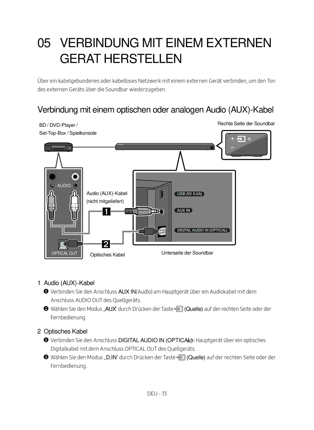 Samsung HW-N650/ZG manual Audio AUX-Kabel, Optisches Kabel 