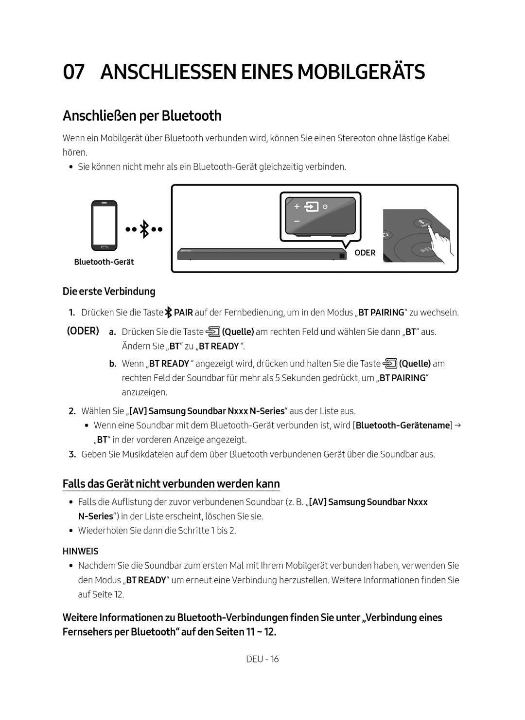 Samsung HW-N650/ZG Anschliessen Eines Mobilgeräts, Anschließen per Bluetooth, Falls das Gerät nicht verbunden werden kann 