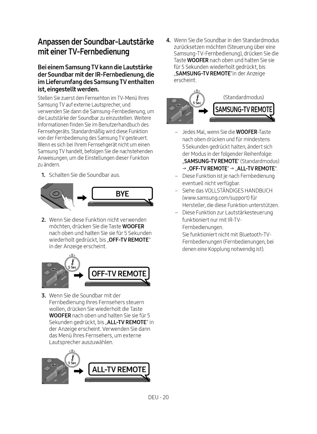 Samsung HW-N650/ZG manual Anpassen der Soundbar-Lautstärke mit einer TV-Fernbedienung, → „OFF-TV Remote → „ALL-TV Remote 