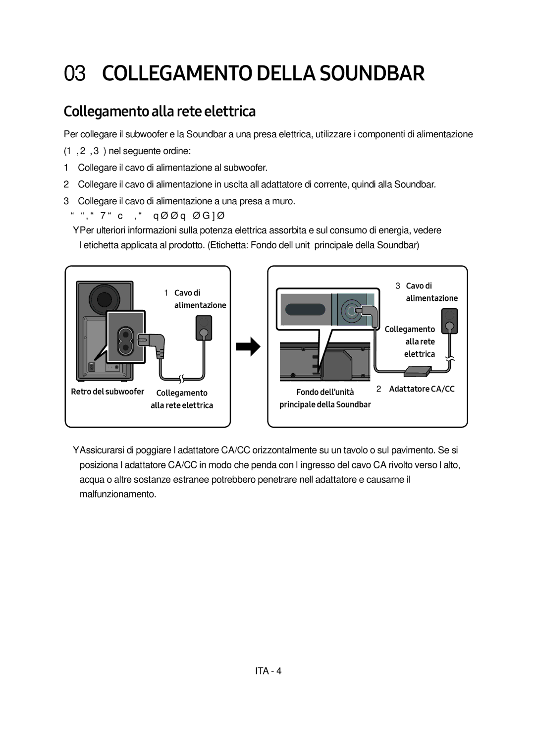 Samsung HW-N650/ZG manual Collegamento Della Soundbar, Collegamento alla rete elettrica 