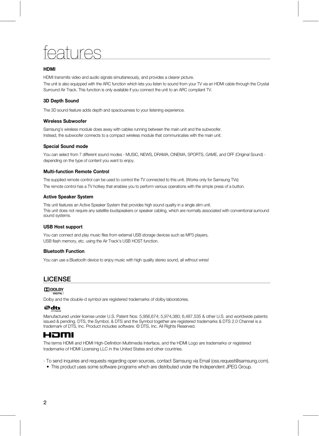 Samsung HWE550 manual Features 