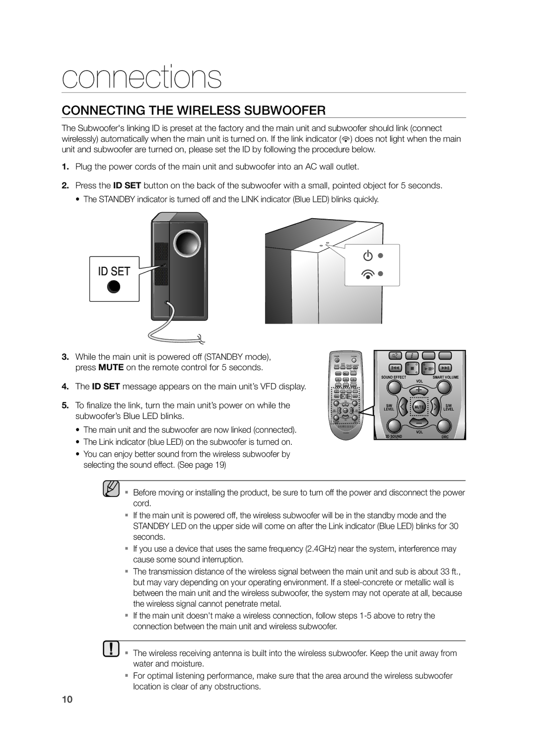 Samsung HWF450ZA user manual Connecting the WIrElESS SUBWOOFEr, Link indicator blue LED on the subwoofer is turned on 