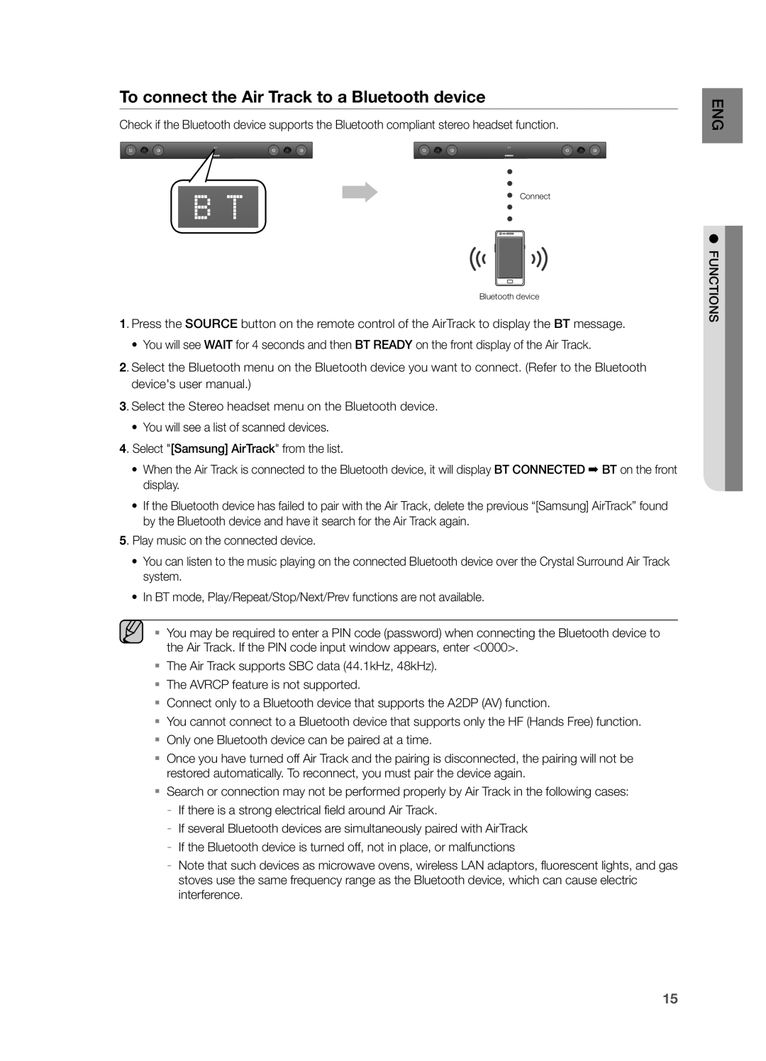 Samsung HWF450ZA user manual To connect the Air Track to a Bluetooth device, Functions 