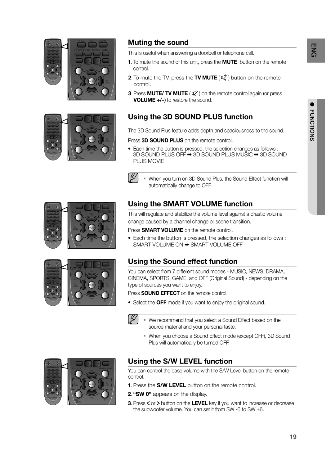 Samsung HWF450ZA user manual Muting the sound, Using the 3D Sound Plus function, Using the Smart Volume function 