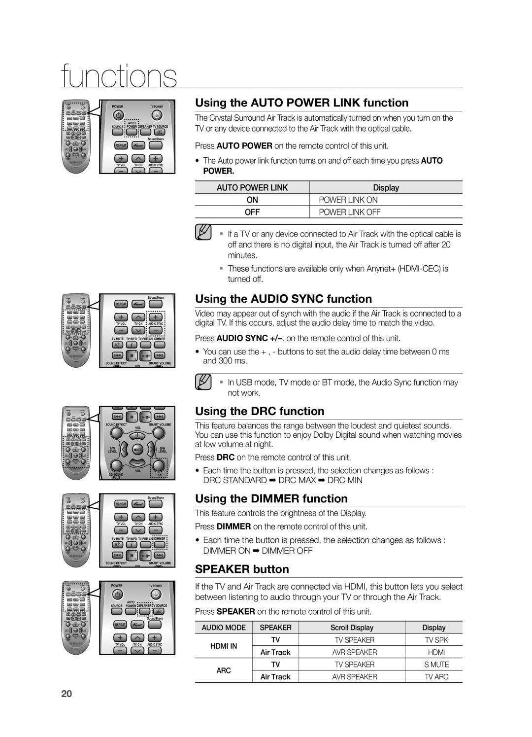 Samsung HWF450 Using the Auto Power Link function, Using the Audio Sync function, Using the DRC function, Speaker button 