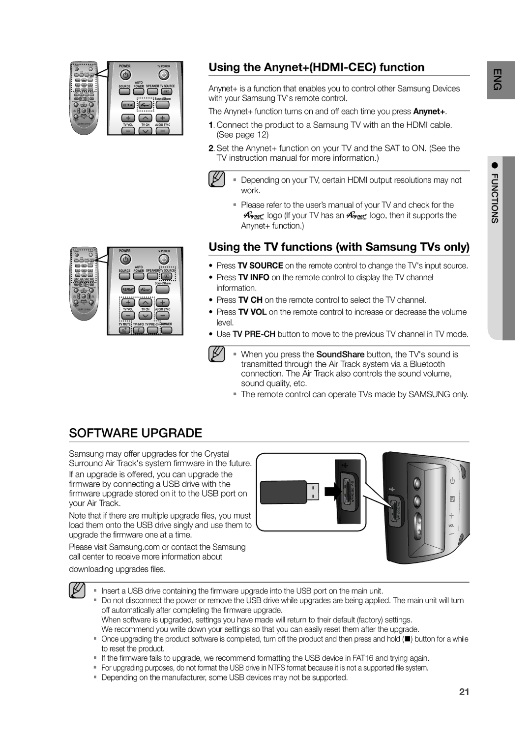 Samsung HWF450ZA user manual Using the Anynet+HDMI-CEC function, Using the TV functions with Samsung TVs only 