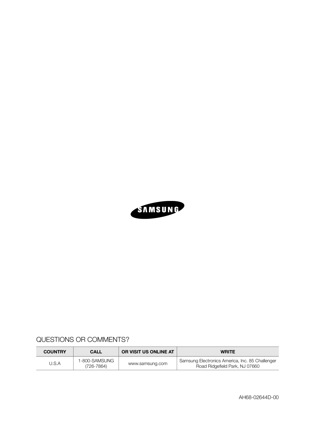 Samsung HWF450ZA user manual Questions or COMMENTS?, AH68-02644D-00 