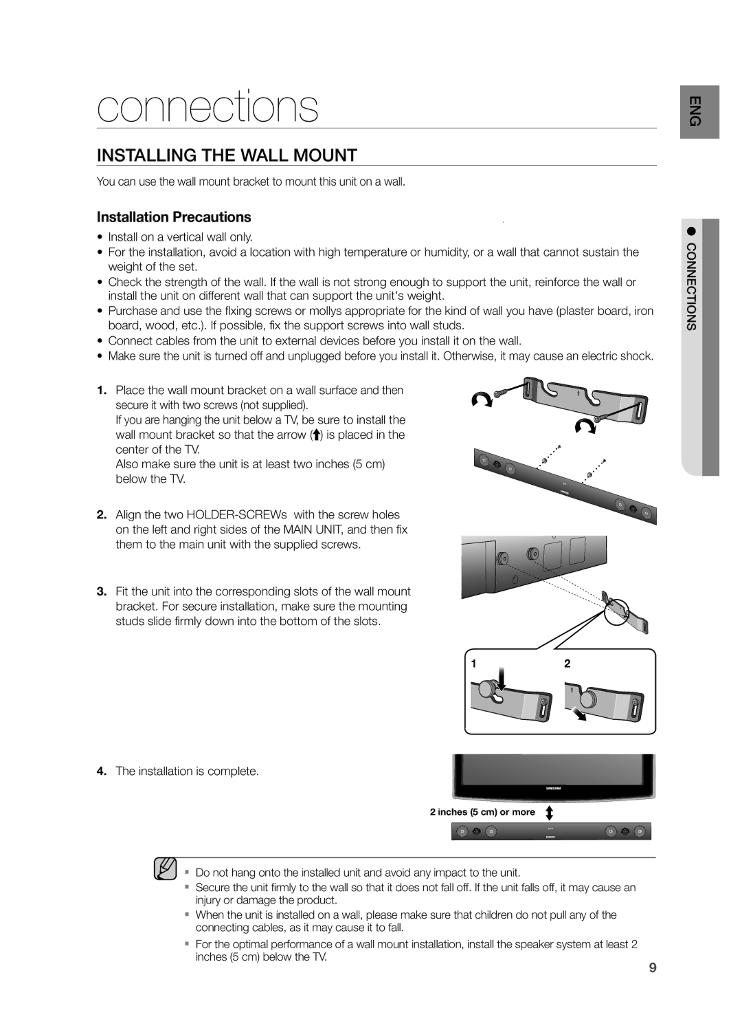 Samsung HWF450ZA user manual Connections, INSTAllING the WAll Mount, Installation is complete, EnG ections conn 