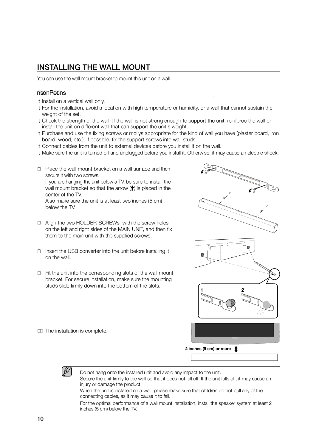 Samsung HW F551, HWF550ZA, HW F550 user manual Connections, INSTAllING the WAll Mount, Installation is complete 