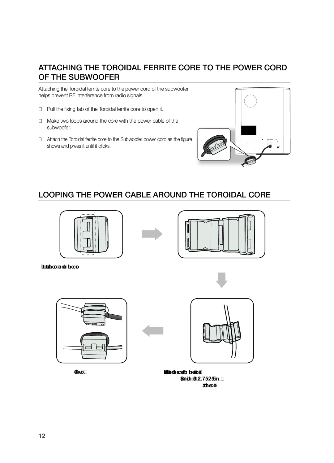 Samsung HWF550ZA, HW F551, HW F550 user manual Looping the Power Cable around the Toroidal Core 