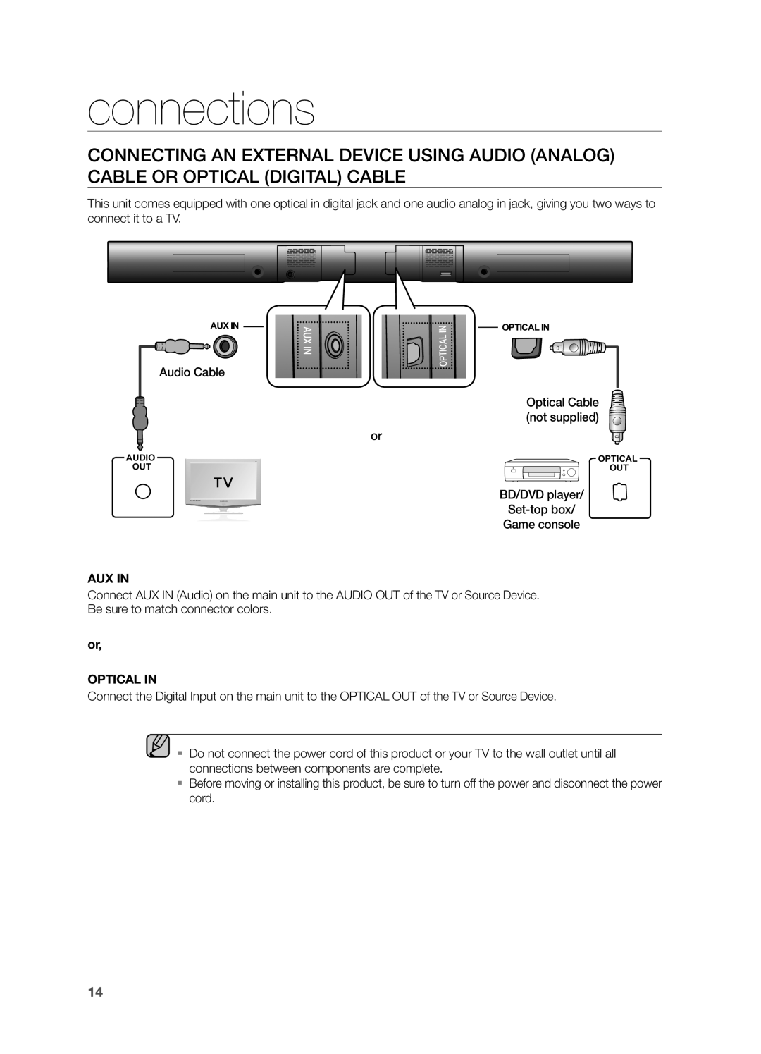 Samsung HW F550, HWF550ZA, HW F551 user manual Audio Cable, BD/DVD player Set-top box Game console 