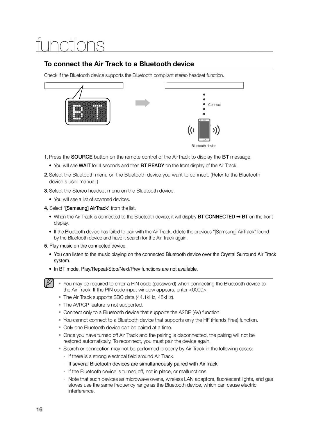 Samsung HW F551, HWF550ZA, HW F550 user manual To connect the Air Track to a Bluetooth device 