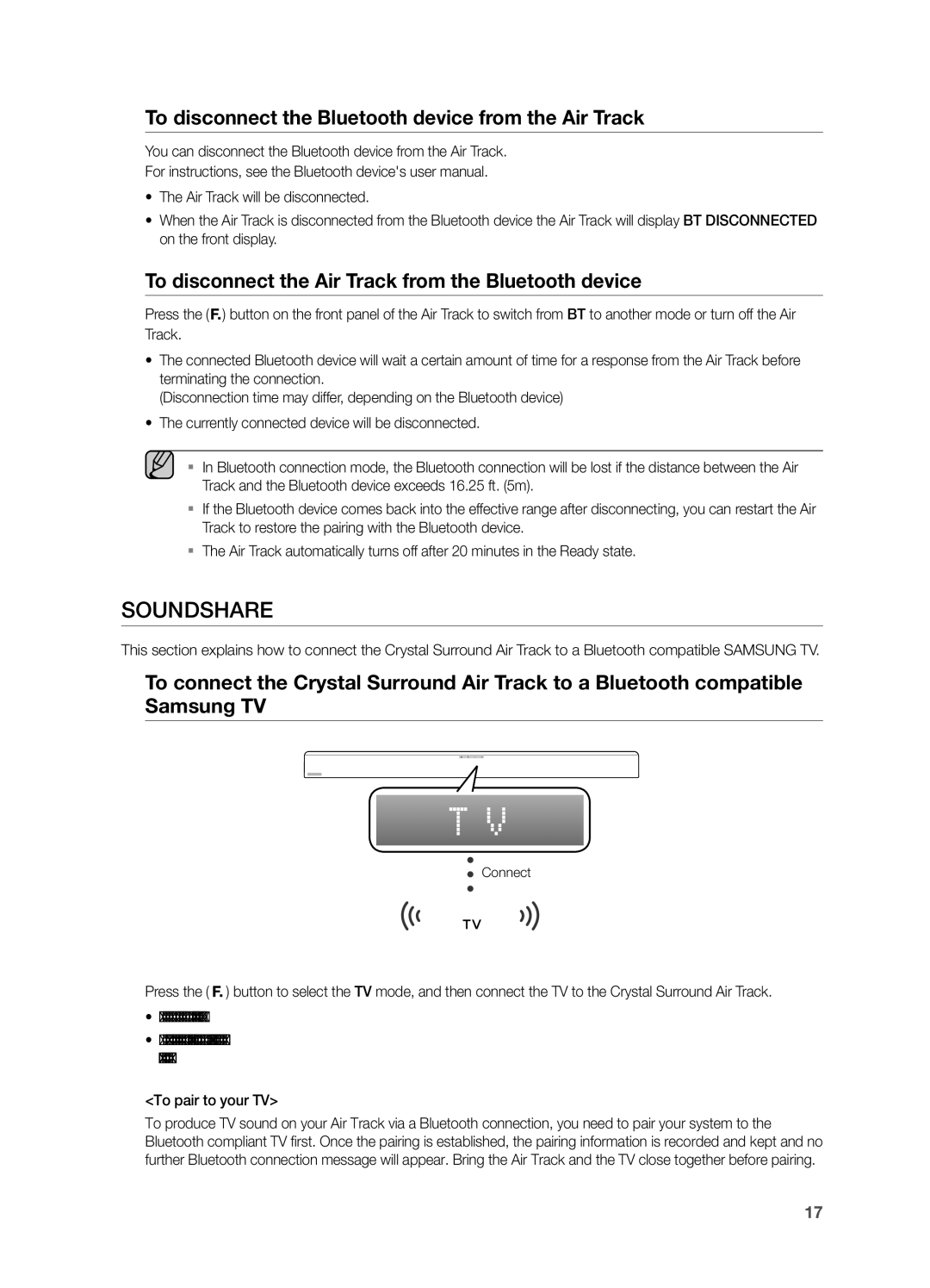 Samsung HW F550, HWF550ZA, HW F551 user manual To disconnect the Bluetooth device from the Air Track 