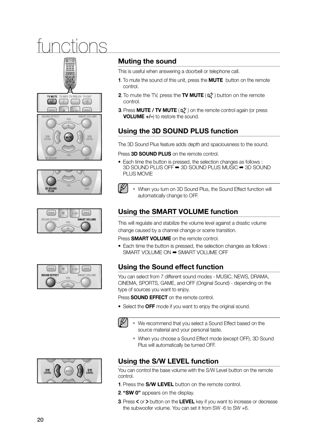 Samsung HW F550, HWF550ZA, HW F551 Muting the sound, Using the 3D Sound Plus function, Using the Smart Volume function 