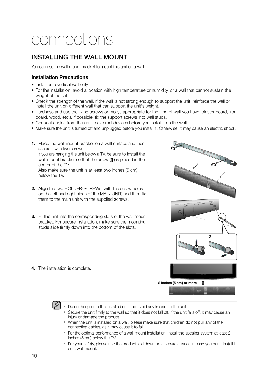 Samsung HWF750ZA, HW F750 user manual Connections, INSTAllING the WAll Mount, Installation is complete 