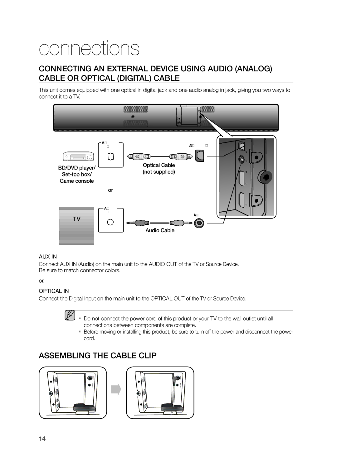 Samsung HWF750ZA, HW F750 user manual Assembling the Cable clip, Audio Cable, Aux, Optical 