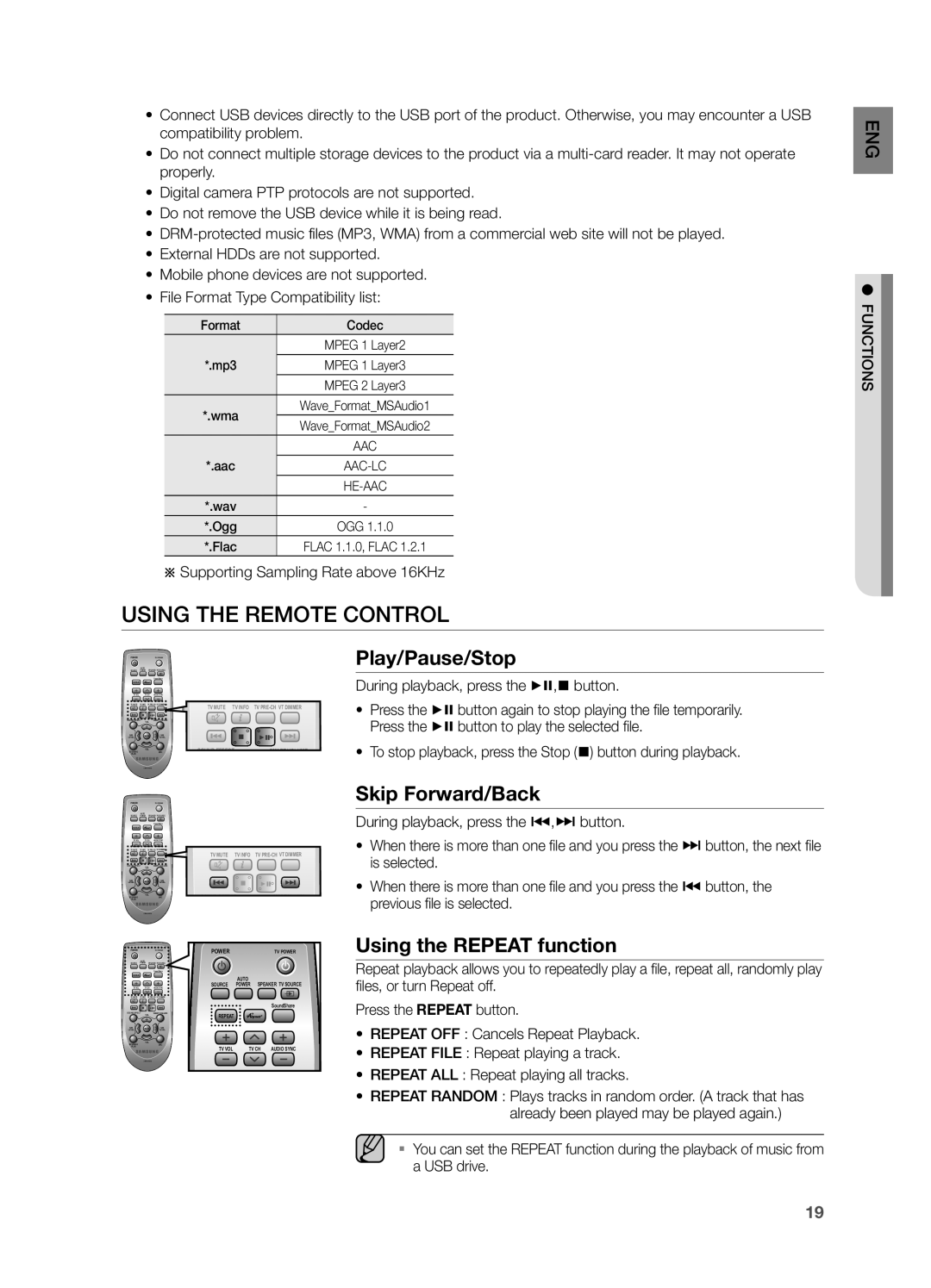 Samsung HW F750, HWF750ZA user manual Play/Pause/Stop, Skip Forward/Back, Using the Repeat function 