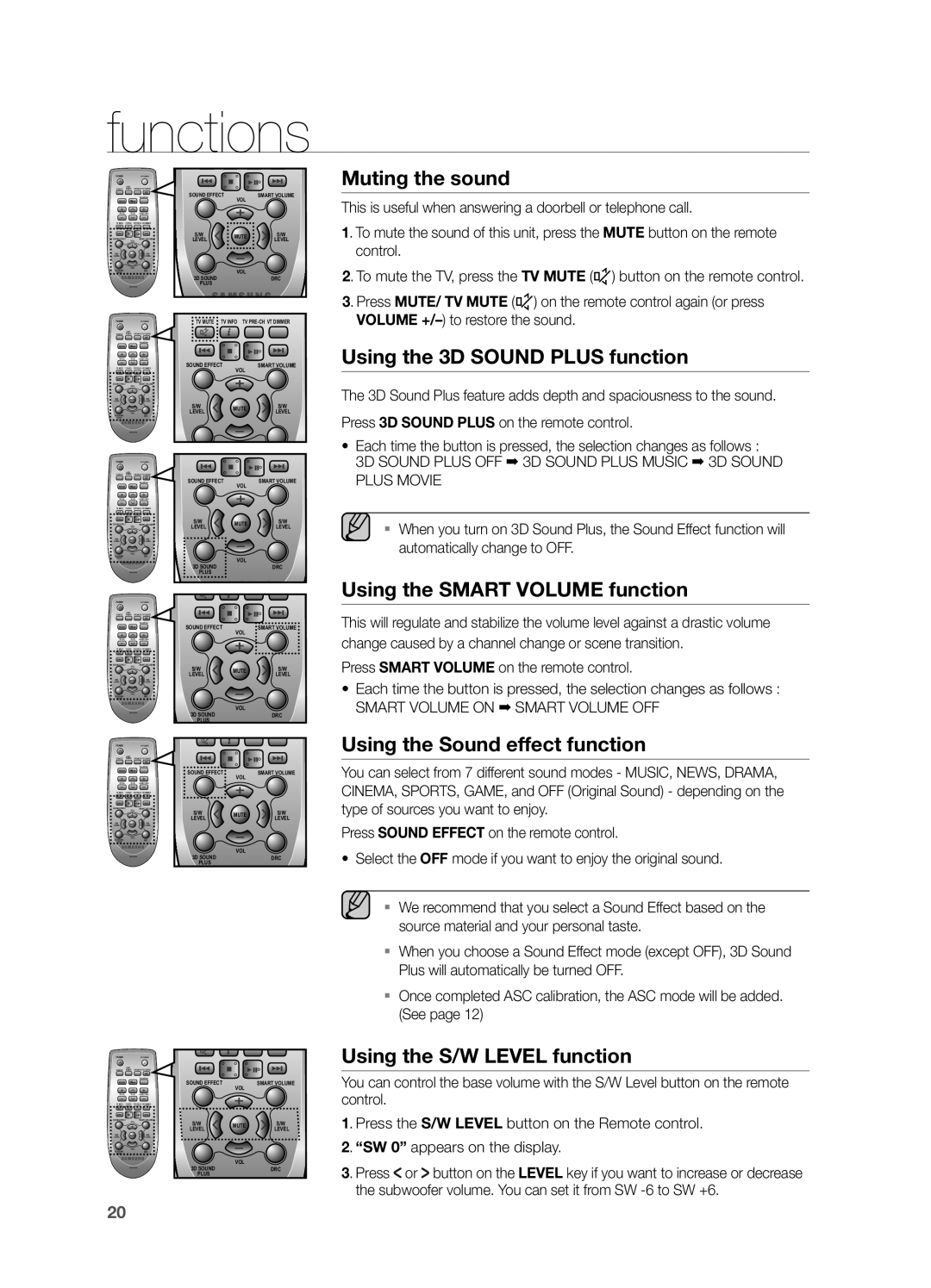 Samsung HWF750ZA, HW F750 user manual Muting the sound, Using the 3D Sound Plus function, Using the Smart Volume function 