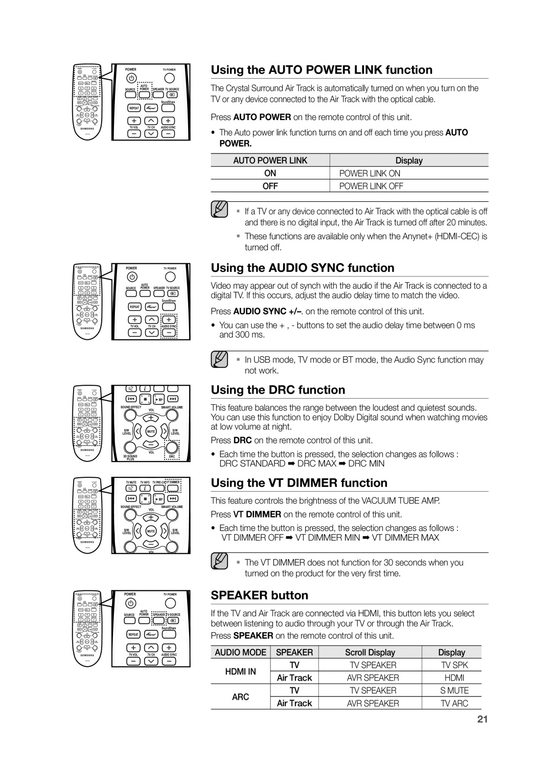 Samsung HW F750 Using the Auto Power Link function, Using the Audio Sync function, Using the DRC function, Speaker button 