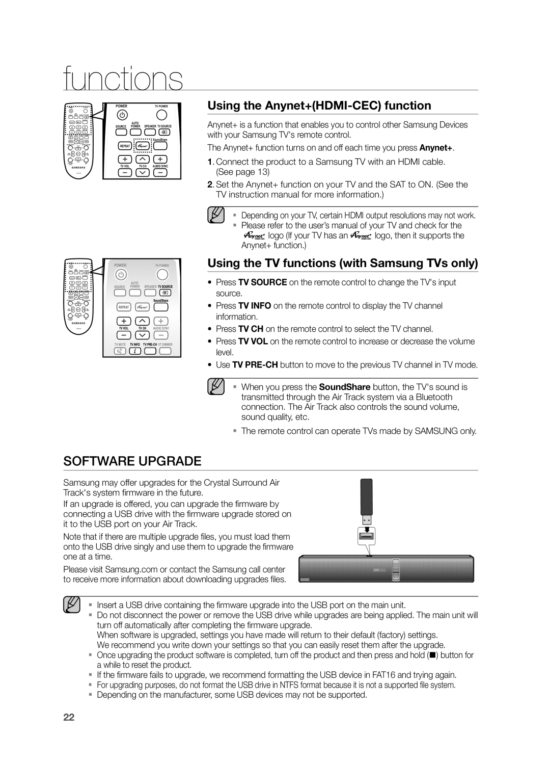 Samsung HWF750ZA, HW F750 user manual Using the Anynet+HDMI-CEC function, Using the TV functions with Samsung TVs only 