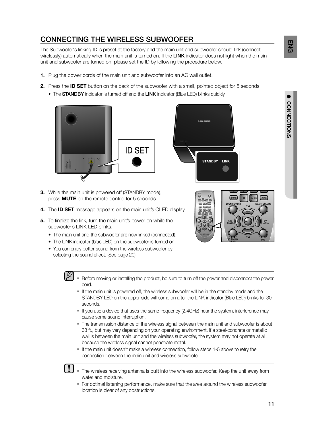 Samsung HW F750, HWF750ZA user manual CONNECTING THE WIrElESS SUBWOOFEr 
