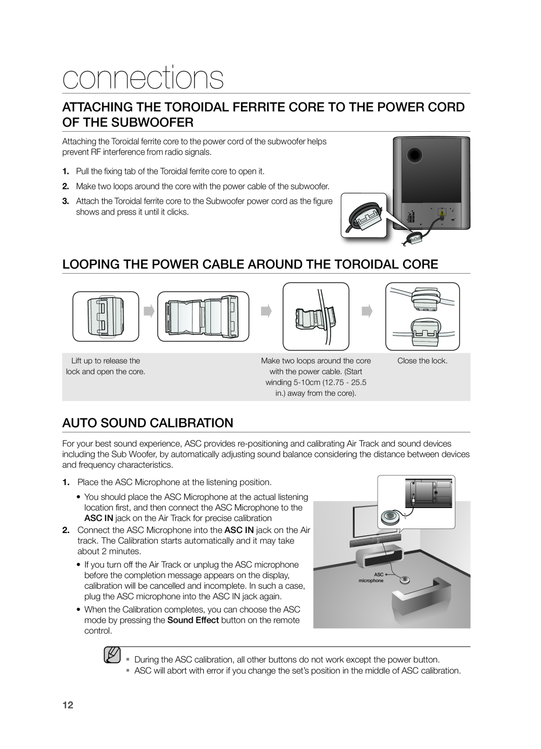 Samsung HWF750ZA, HW F750 user manual Looping The Power Cable Around The Toroidal Core, Auto Sound Calibration, connections 