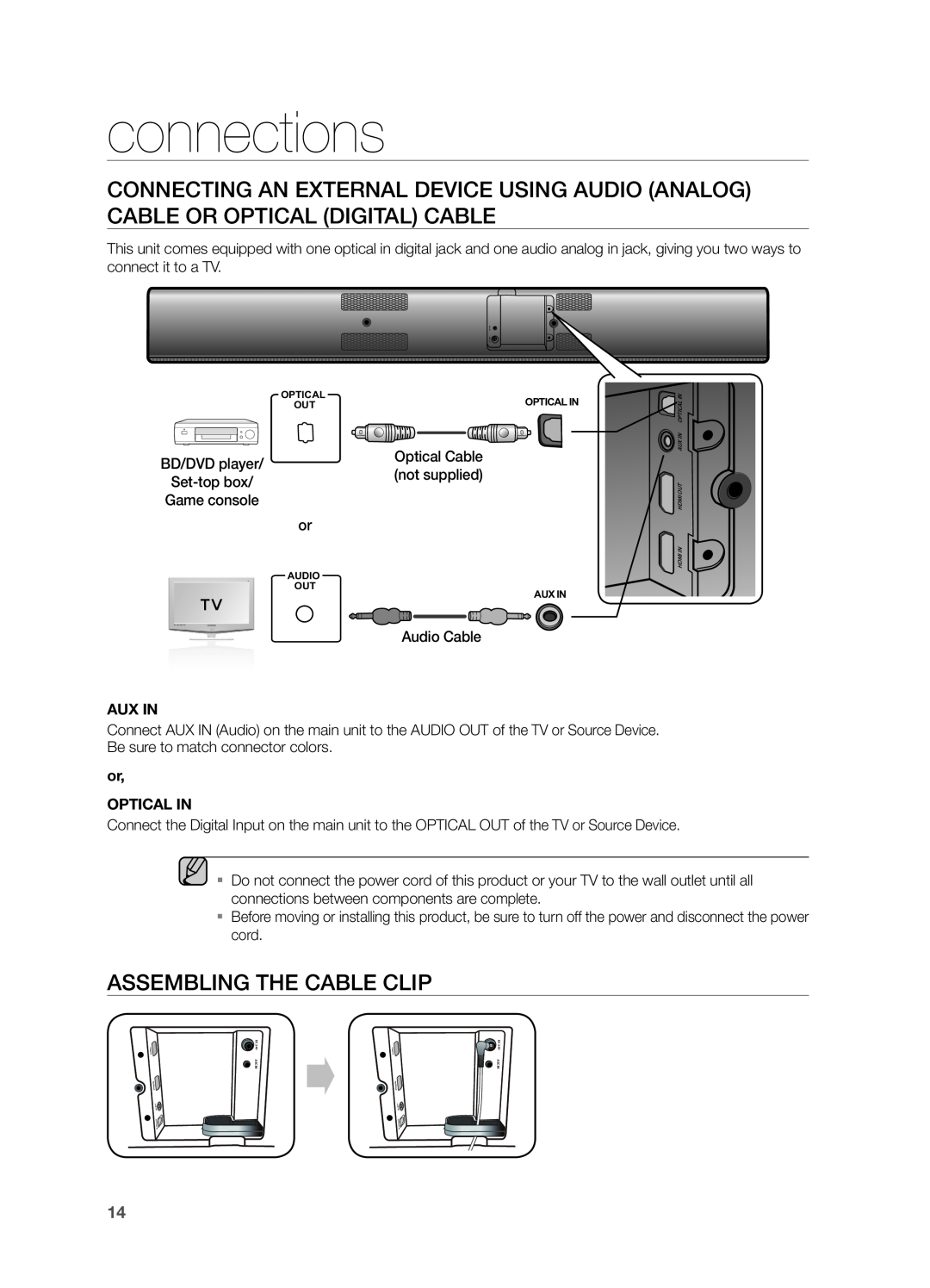Samsung HWF750ZA Assembling the Cable clip, connections, Optical Cable, not supplied, Set-topbox, Aux In, or OPTICAL IN 