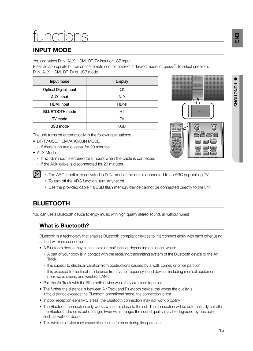 Samsung HW F750, HWF750ZA user manual functions, input mode, What is Bluetooth?, Bt/Tv/Usb/Hdmi/Arc/D.In Mode, AUX Mode 