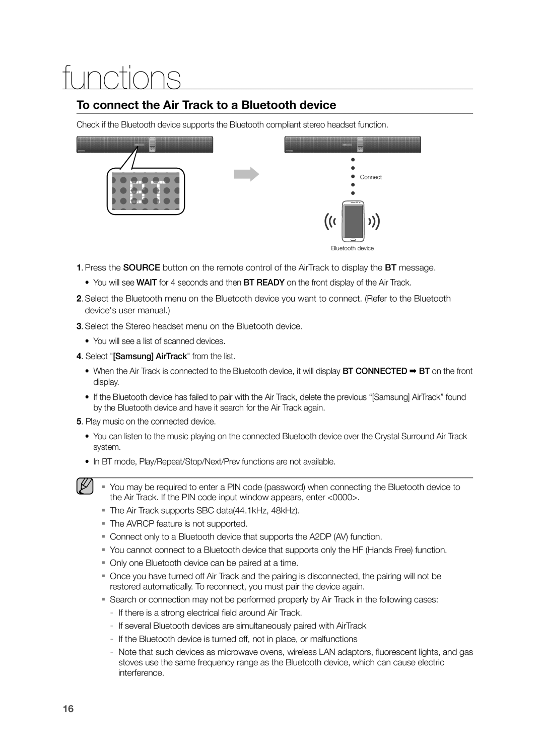Samsung HWF750ZA, HW F750 user manual To connect the Air Track to a Bluetooth device, functions 