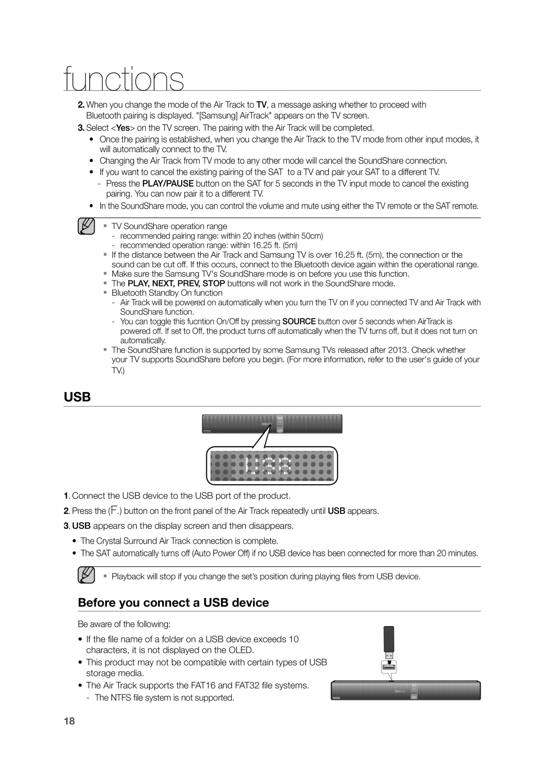 Samsung HWF750ZA, HW F750 user manual Before you connect a USB device, functions 