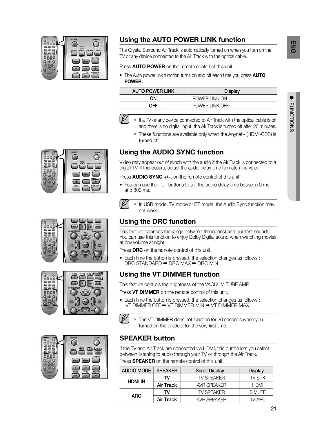 Samsung HW F750 Using the AUTO POWER LINK function, Using the AUDIO SYNC function, Using the DRC function, SPEAKER button 