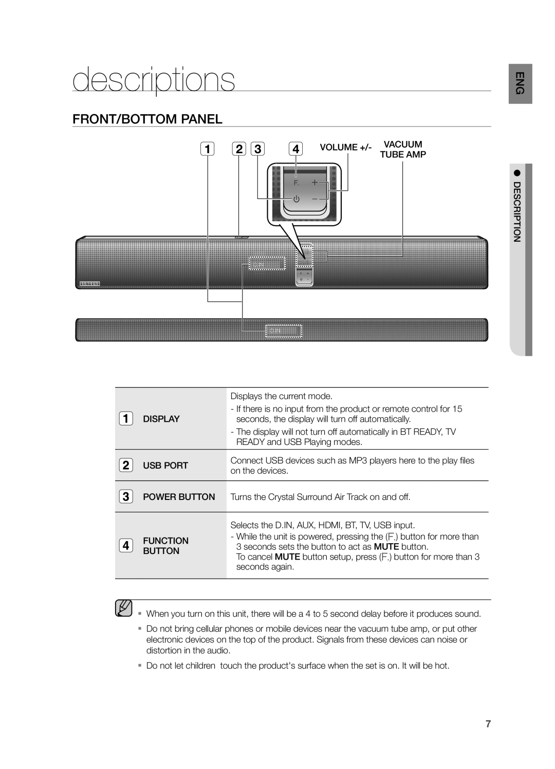 Samsung HW F750, HWF750ZA user manual descriptions, Front/bottom Panel, Volume +, Vacuum, Tube Amp 