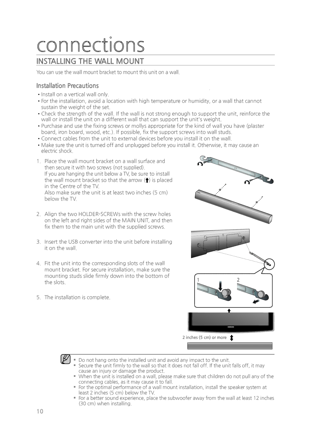 Samsung HW-H550/ZA, HWH550, HWH551, HW-H551/ZA user manual Connections, Installing the Wall Mount 