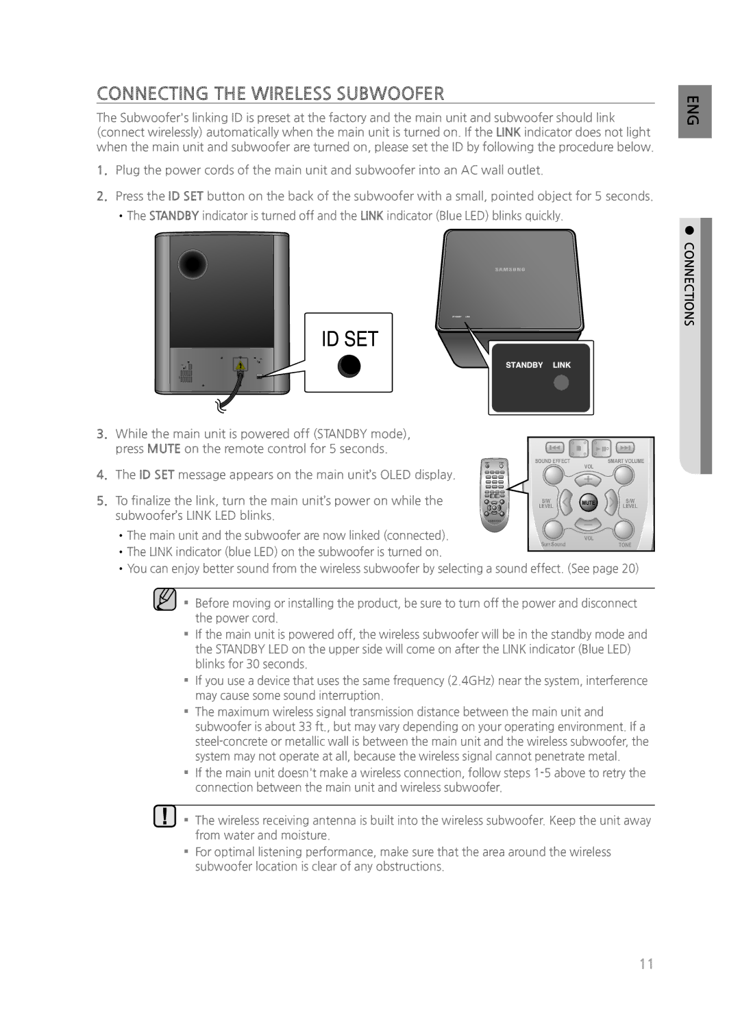 Samsung HW-H551/ZA, HWH550, HWH551, HW-H550/ZA user manual Connecting the Wireless Subwoofer, Connections 