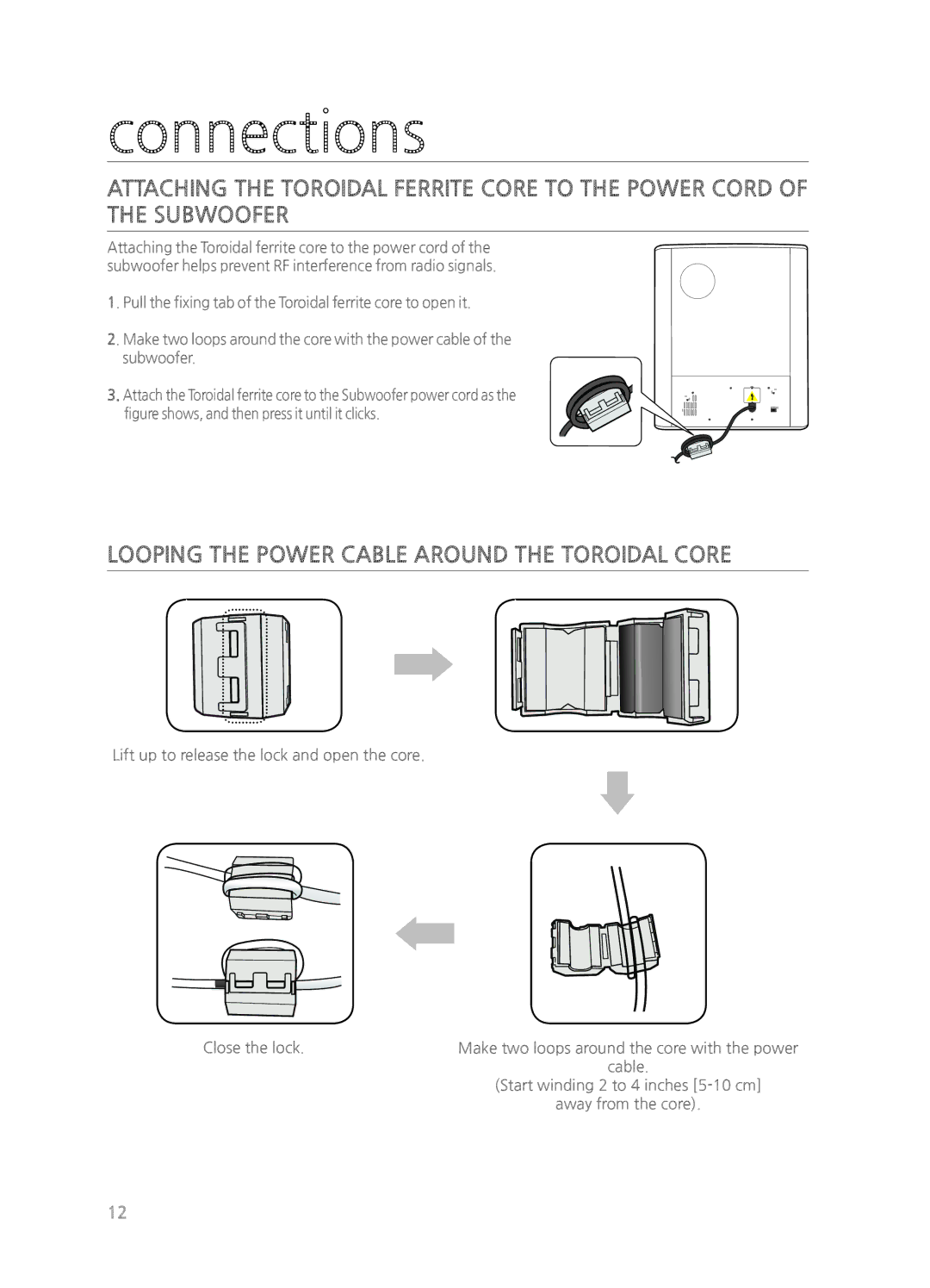 Samsung HWH550, HWH551, HW-H550/ZA, HW-H551/ZA user manual Looping the Power Cable around the Toroidal Core 